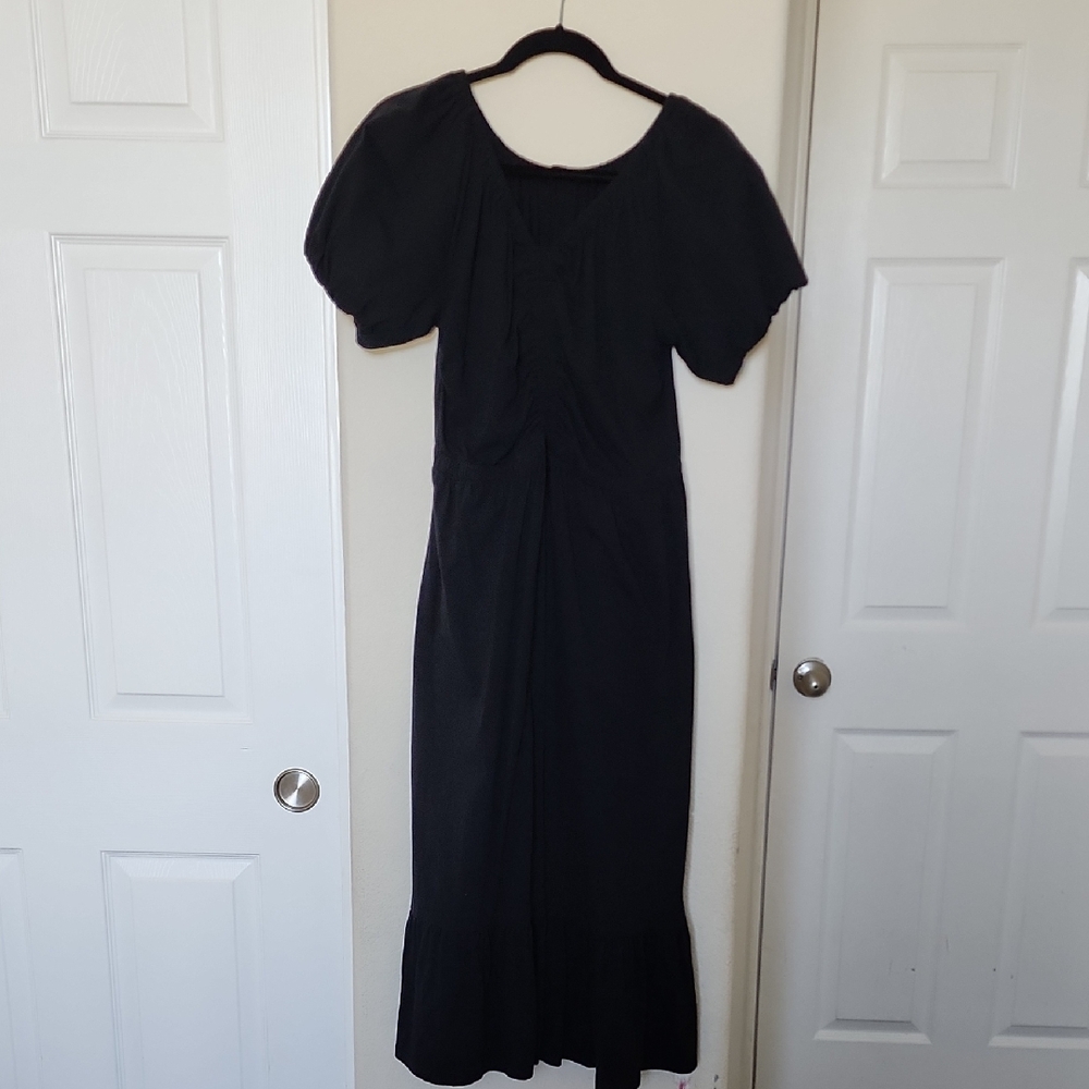 DownEast Black Puff-Sleeve Cotton Maxi Dress L